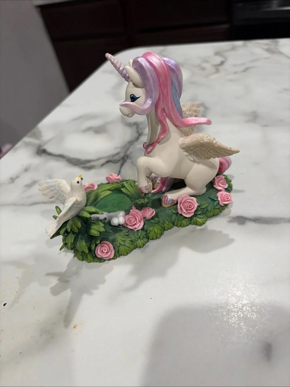 Pink & White Unicorn Cake Topper with Rose Garden